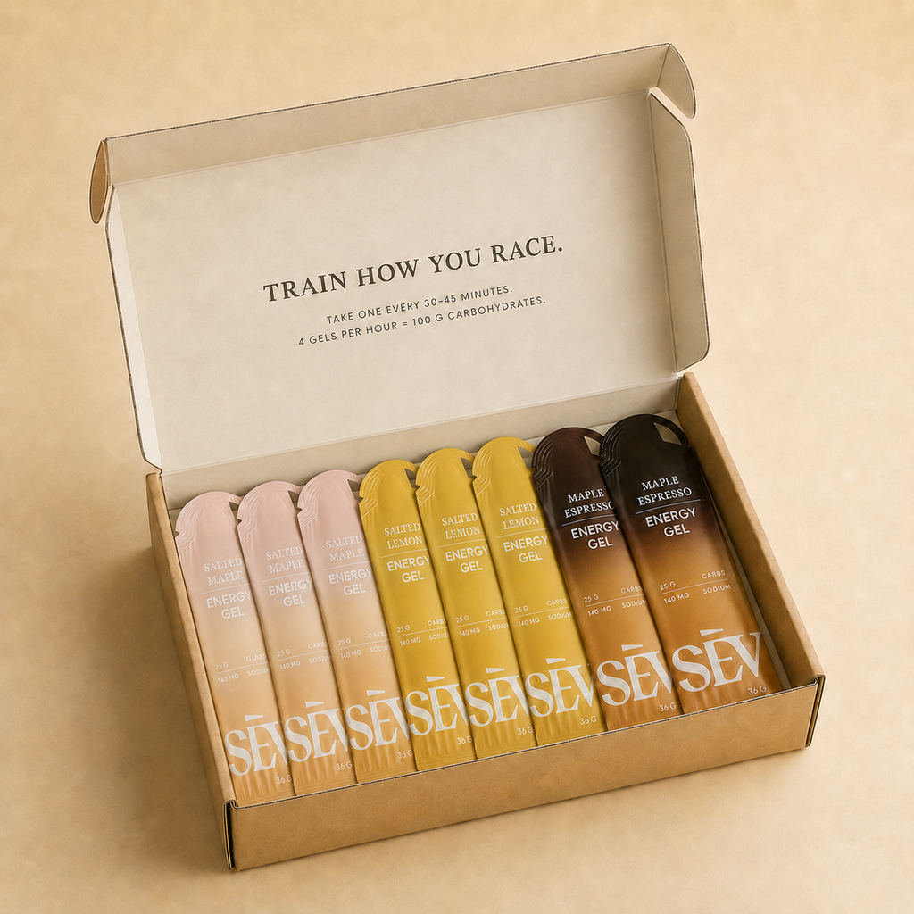 Open SÈV Discovery Box with Salted Maple, Salted Lemon and Maple Espresso energy gels